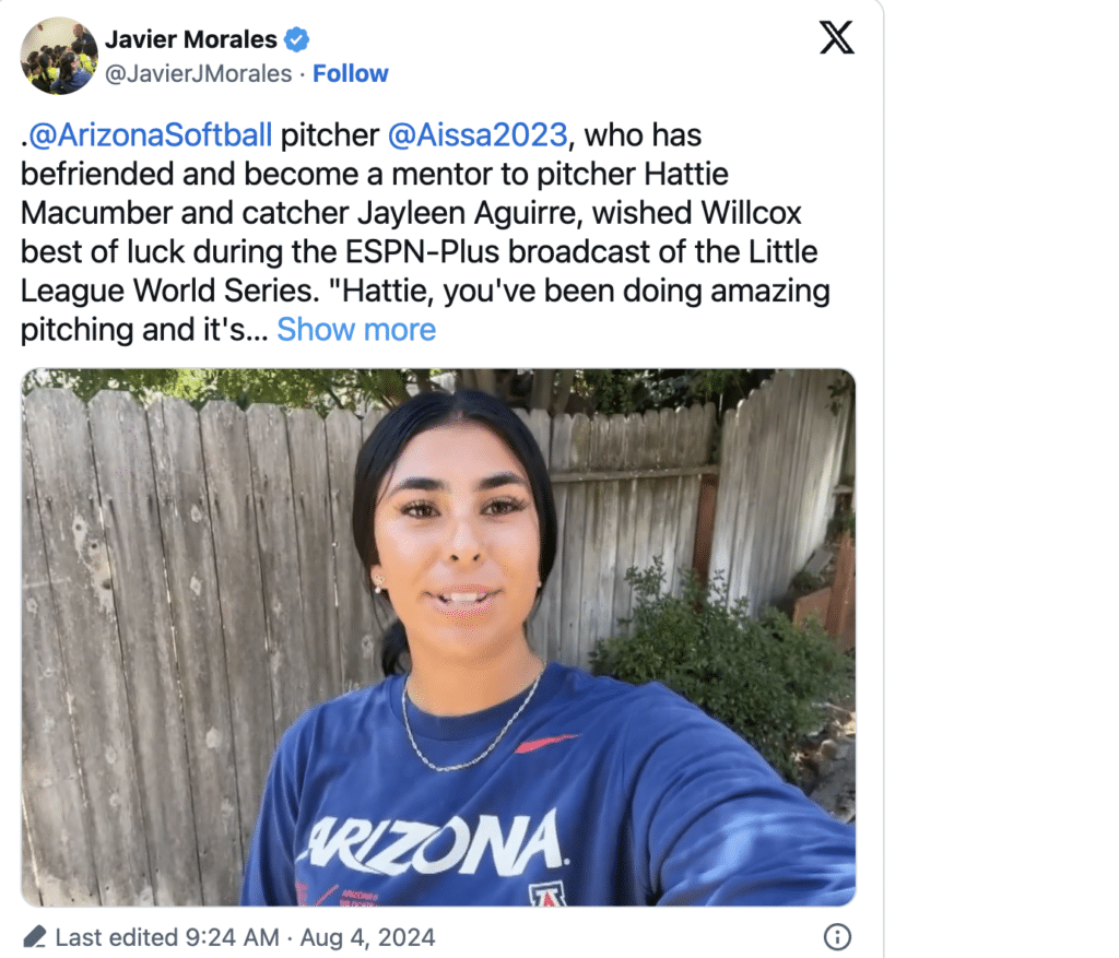 El lanzador del equipo de softball de la Universidad de Arizona envió mensajes de ánimo.